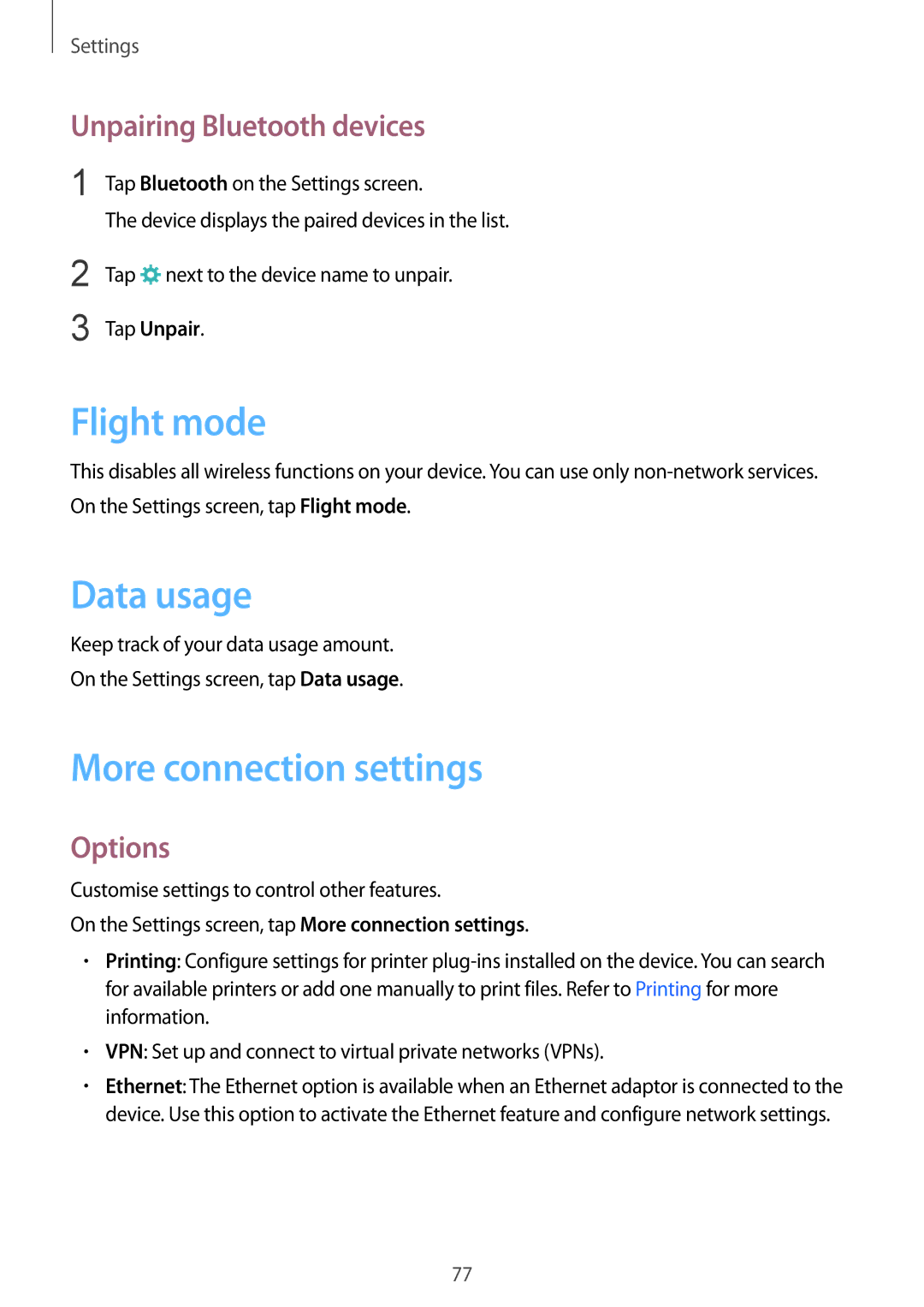 Samsung SM-T810NZWESER manual Flight mode, Data usage, More connection settings, Unpairing Bluetooth devices, Options 