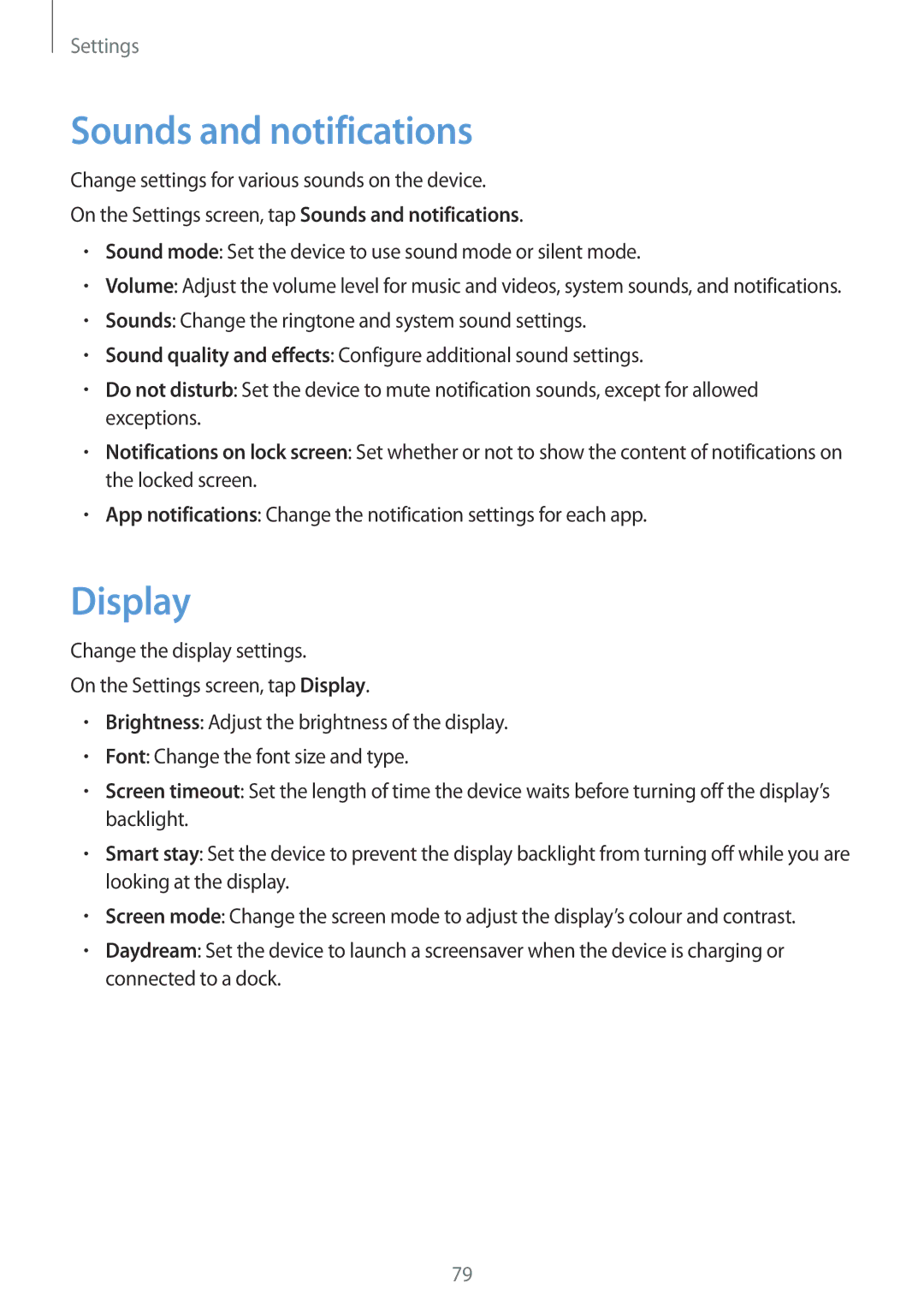 Samsung SM-T810NZWEDBT, SM-T810NZKEDBT, SM-T810NZDEDBT, SM-T810NZDEXEF, SM-T810NZKEXEF manual Sounds and notifications, Display 