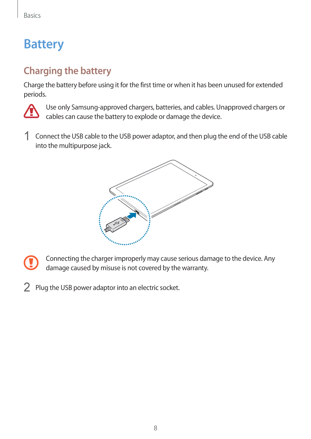 Samsung SM-T810NZKEPHN, SM-T810NZKEDBT, SM-T810NZWEDBT, SM-T810NZDEDBT, SM-T810NZDEXEF manual Battery, Charging the battery 