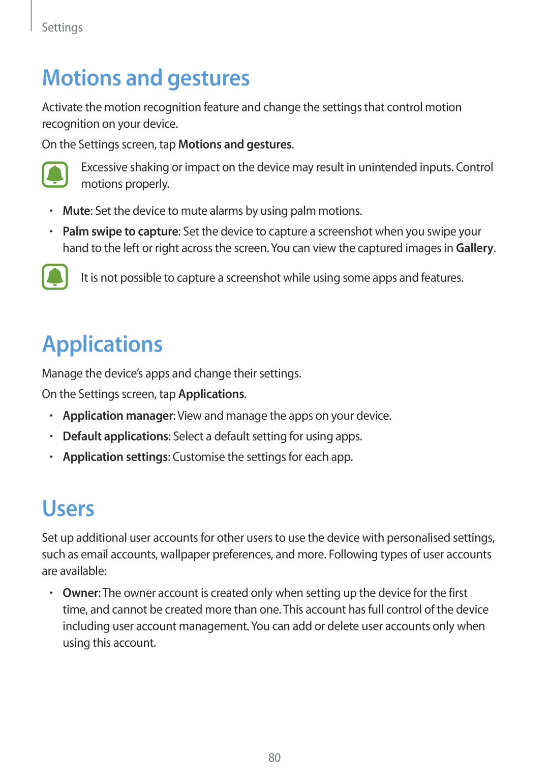 Samsung SM-T810NZDEDBT, SM-T810NZKEDBT, SM-T810NZWEDBT, SM-T810NZDEXEF manual Motions and gestures, Applications, Users 