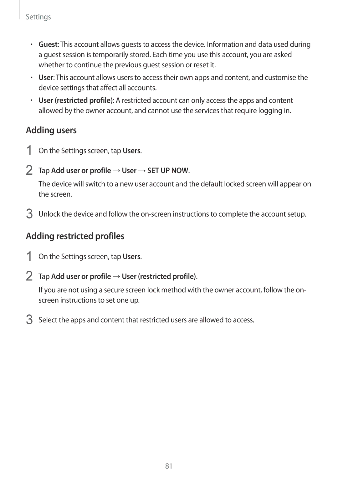 Samsung SM-T810NZDEXEF, SM-T810NZKEDBT Adding users, Adding restricted profiles, Tap Add user or profile →User →SET UP NOW 