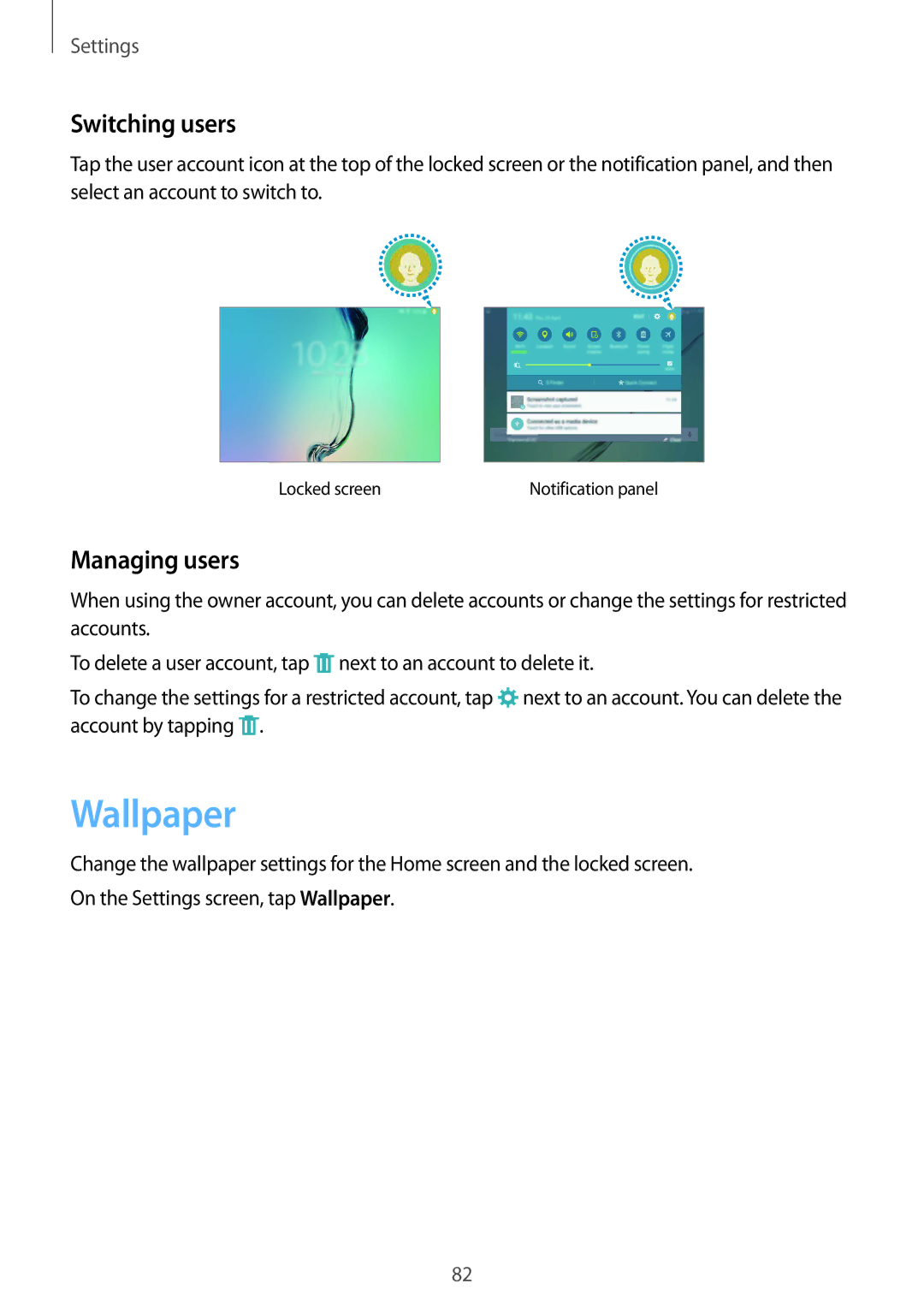 Samsung SM-T810NZKEXEF, SM-T810NZKEDBT, SM-T810NZWEDBT, SM-T810NZDEDBT manual Wallpaper, Switching users, Managing users 