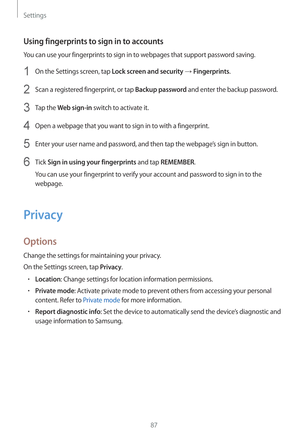 Samsung SM-T810NZDETUR, SM-T810NZKEDBT, SM-T810NZWEDBT, SM-T810NZDEDBT Privacy, Using fingerprints to sign in to accounts 