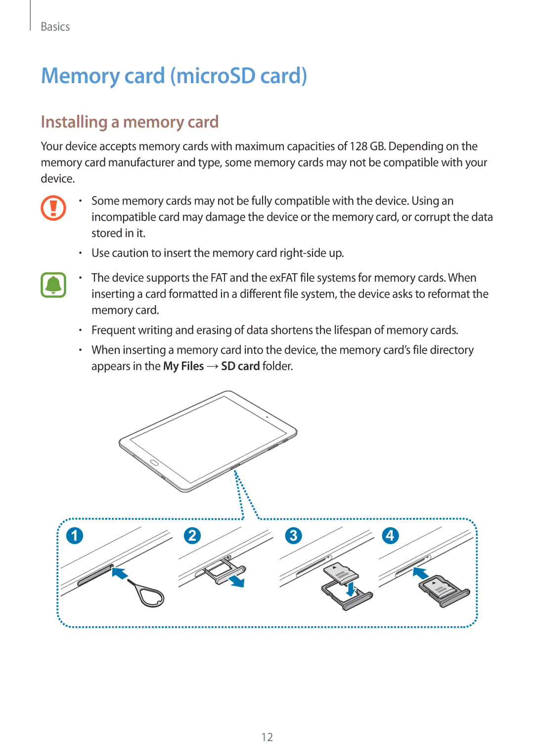 Samsung SM-T810NZDEPHN, SM-T810NZKEDBT, SM-T810NZWEDBT, SM-T810NZDEDBT Memory card microSD card, Installing a memory card 