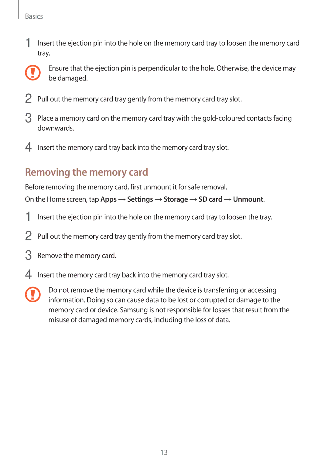 Samsung SM-T810NZDEITV, SM-T810NZKEDBT, SM-T810NZWEDBT, SM-T810NZDEDBT, SM-T810NZDEXEF manual Removing the memory card 