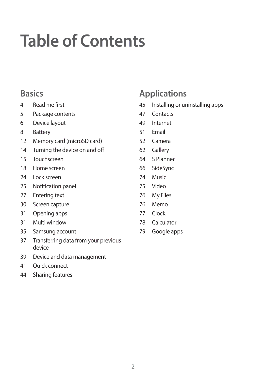 Samsung SM-T810NZDEDBT, SM-T810NZKEDBT, SM-T810NZWEDBT, SM-T810NZDEXEF, SM-T710NZWEXEF, SM-T810NZKEXEF manual Table of Contents 