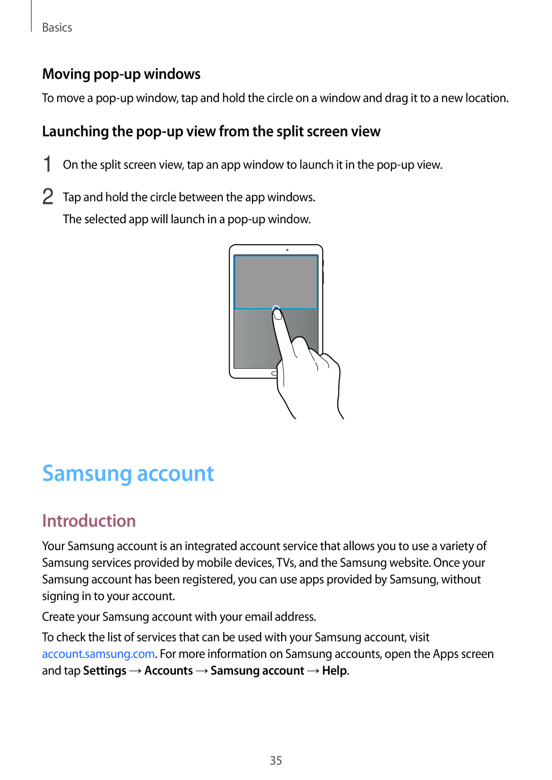 Samsung SM-T810NZWEATO manual Samsung account, Moving pop-up windows, Launching the pop-up view from the split screen view 