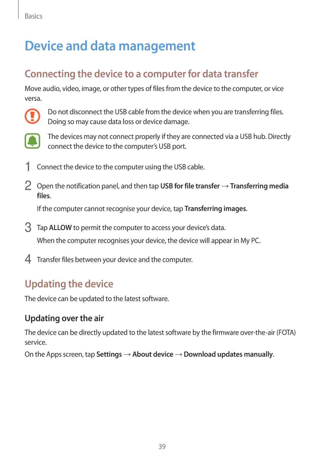 Samsung SM-T810NZKEXSK manual Device and data management, Connecting the device to a computer for data transfer, Files 