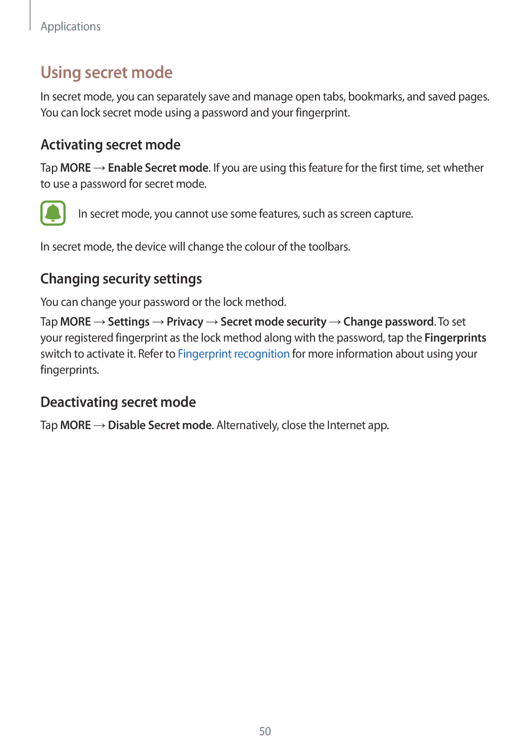 Samsung SM-T710NZWENEE Using secret mode, Activating secret mode, Changing security settings, Deactivating secret mode 