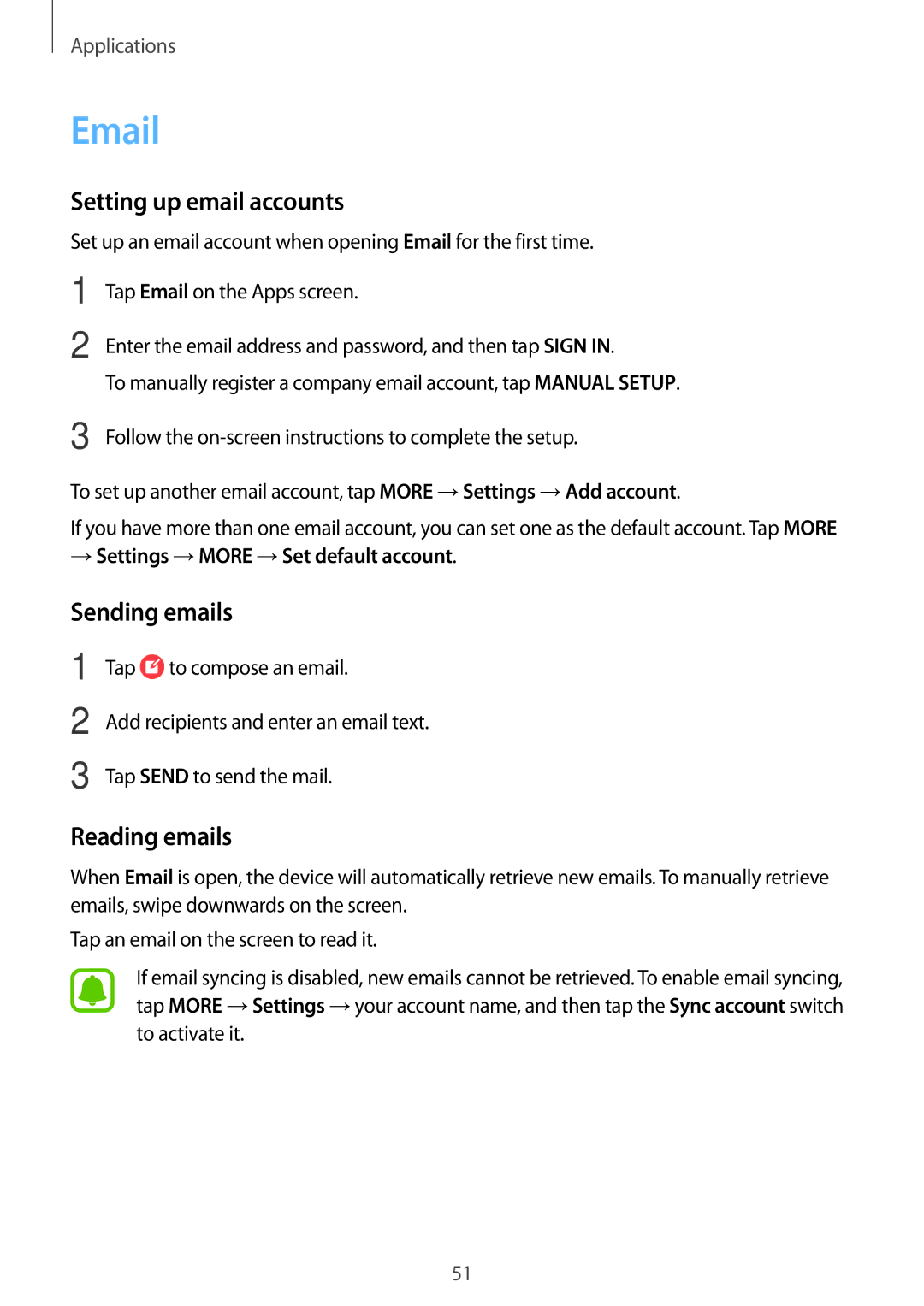 Samsung SM-T810NZKESEB Setting up email accounts, Sending emails, Reading emails, → Settings →MORE →Set default account 