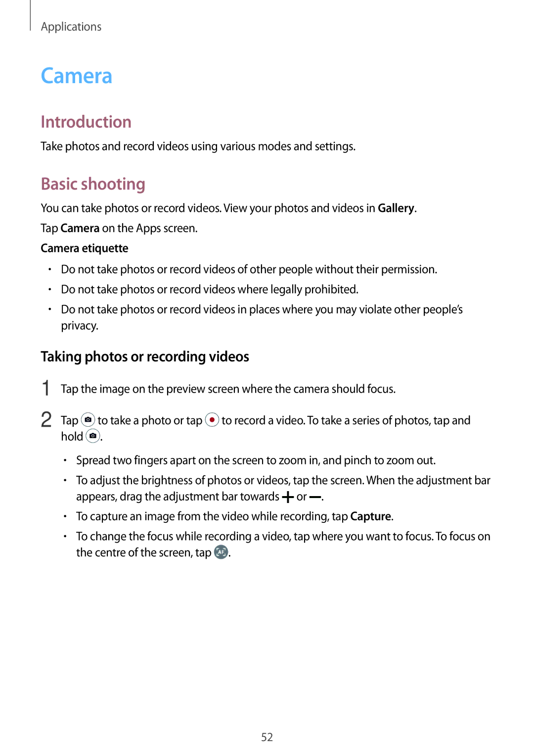 Samsung SM-T810NZWESEB, SM-T810NZKEDBT manual Basic shooting, Taking photos or recording videos, Camera etiquette 