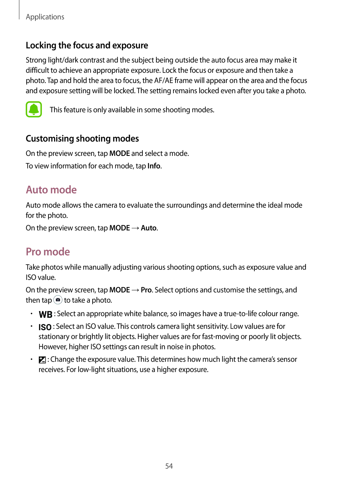 Samsung SM-T810NZKEILO, SM-T810NZKEDBT Auto mode, Pro mode, Locking the focus and exposure, Customising shooting modes 