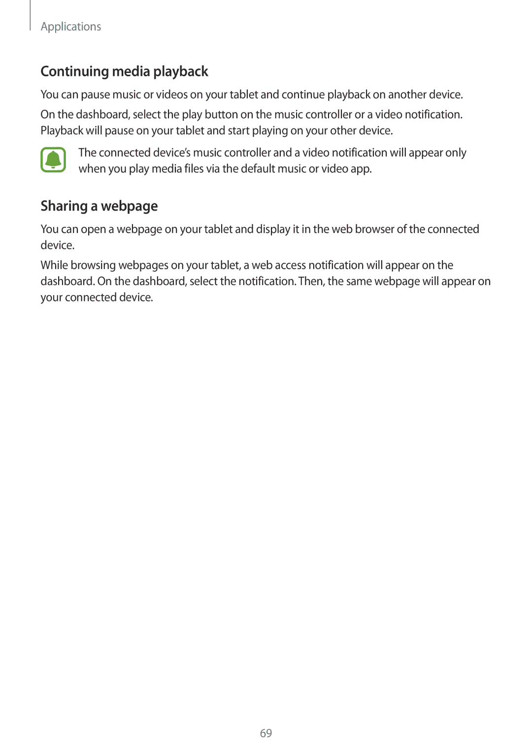 Samsung SM-T810NZKEPHN, SM-T810NZKEDBT, SM-T810NZWEDBT, SM-T810NZDEDBT manual Continuing media playback, Sharing a webpage 