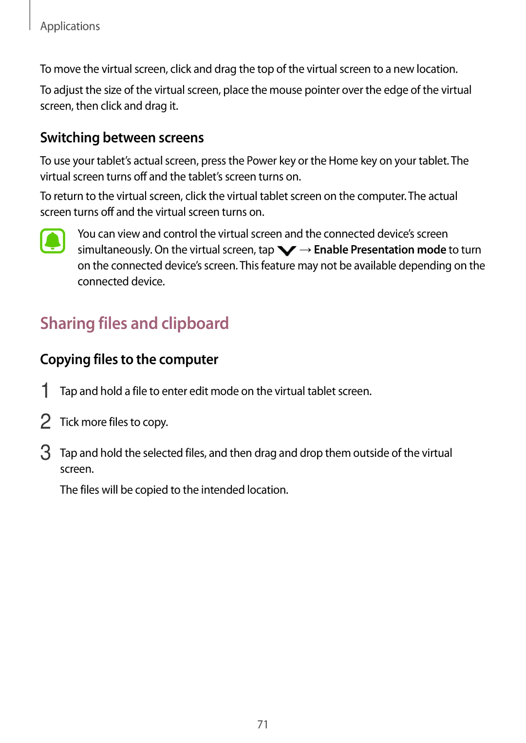 Samsung SM-T810NZDEPHN manual Sharing files and clipboard, Switching between screens, Copying files to the computer 