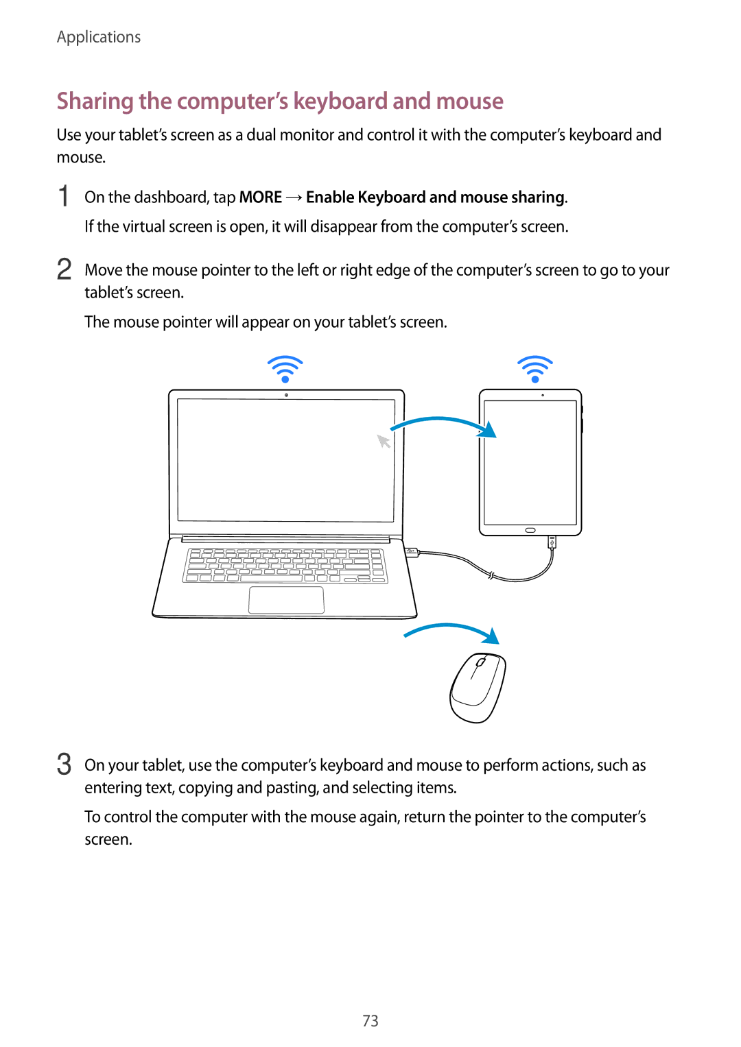 Samsung SM-T810NZWEXEO, SM-T810NZKEDBT, SM-T810NZWEDBT, SM-T810NZDEDBT manual Sharing the computer’s keyboard and mouse 