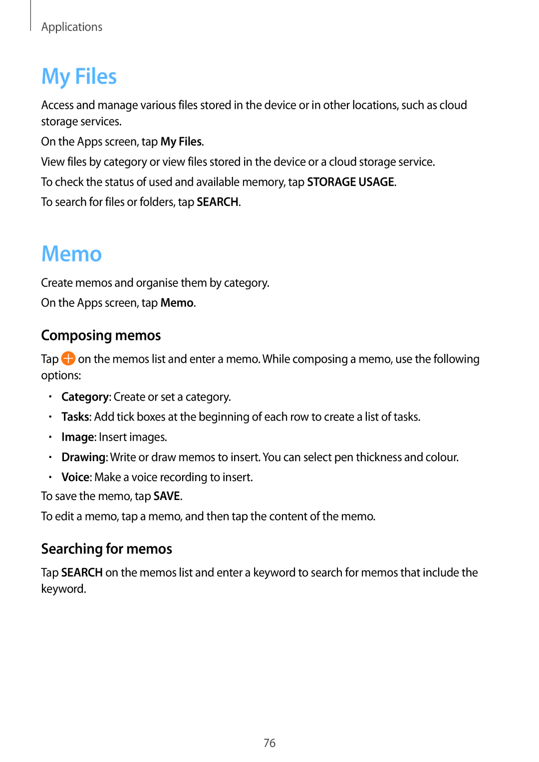 Samsung SM-T810NZKELUX, SM-T810NZKEDBT, SM-T810NZWEDBT, SM-T810NZDEDBT My Files, Memo, Composing memos, Searching for memos 