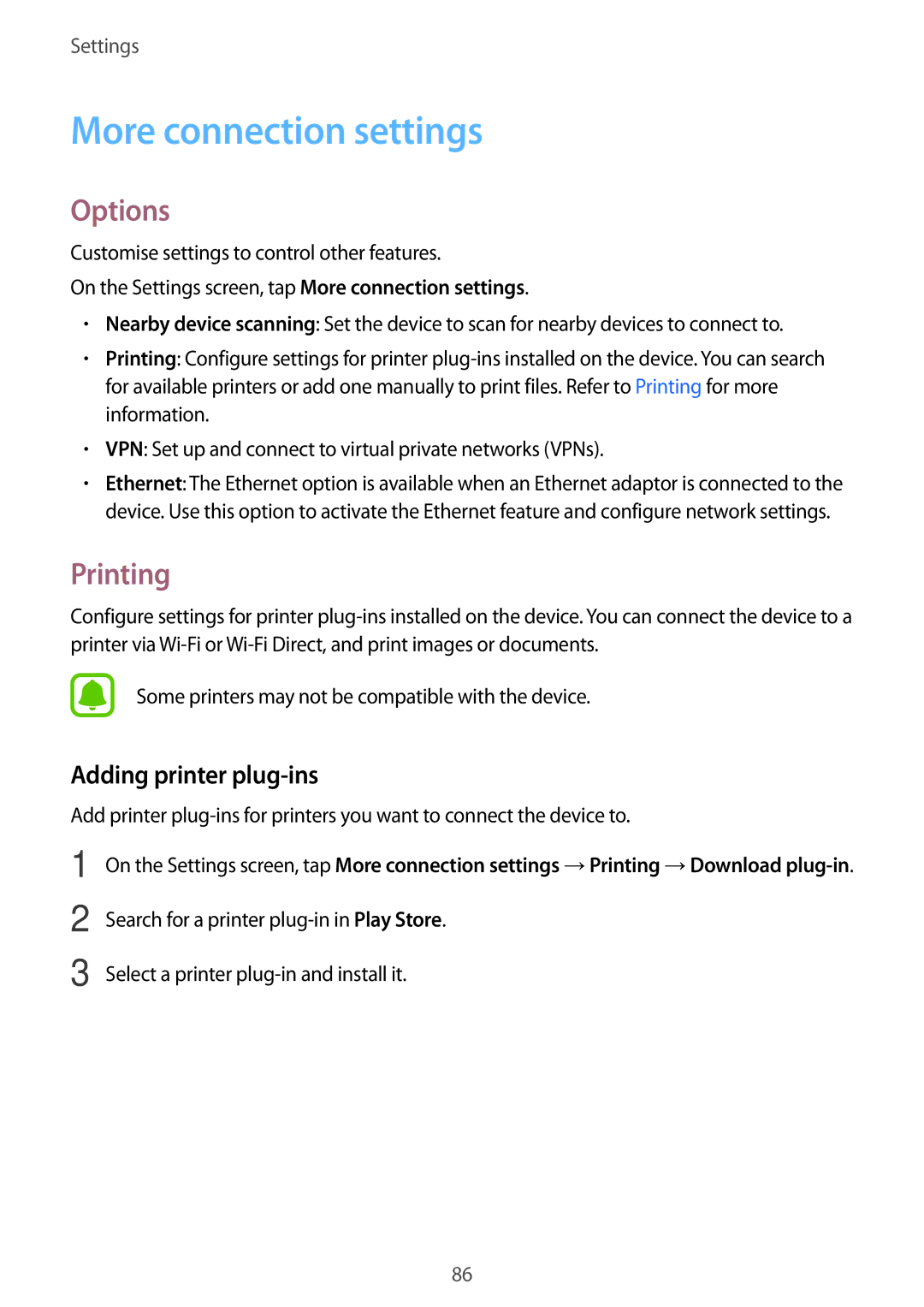 Samsung SM-T810NZDEAUT, SM-T810NZKEDBT, SM-T810NZWEDBT More connection settings, Options, Printing, Adding printer plug-ins 