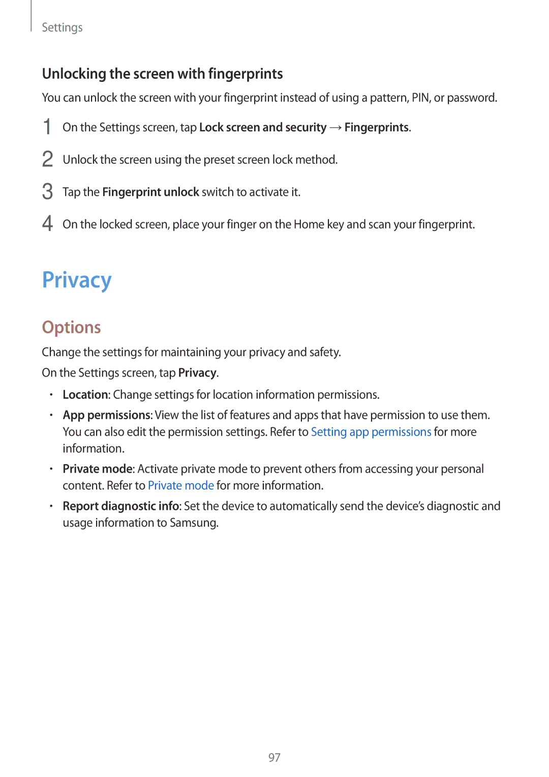 Samsung SM-T710NZWEATO, SM-T810NZKEDBT, SM-T810NZWEDBT, SM-T810NZDEDBT manual Privacy, Unlocking the screen with fingerprints 