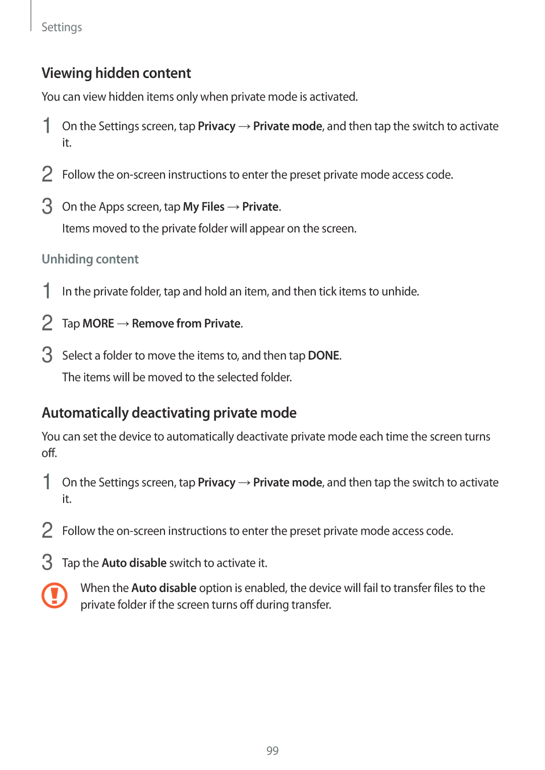 Samsung SM-T710NZWEXEZ Viewing hidden content, Automatically deactivating private mode, Tap More →Remove from Private 