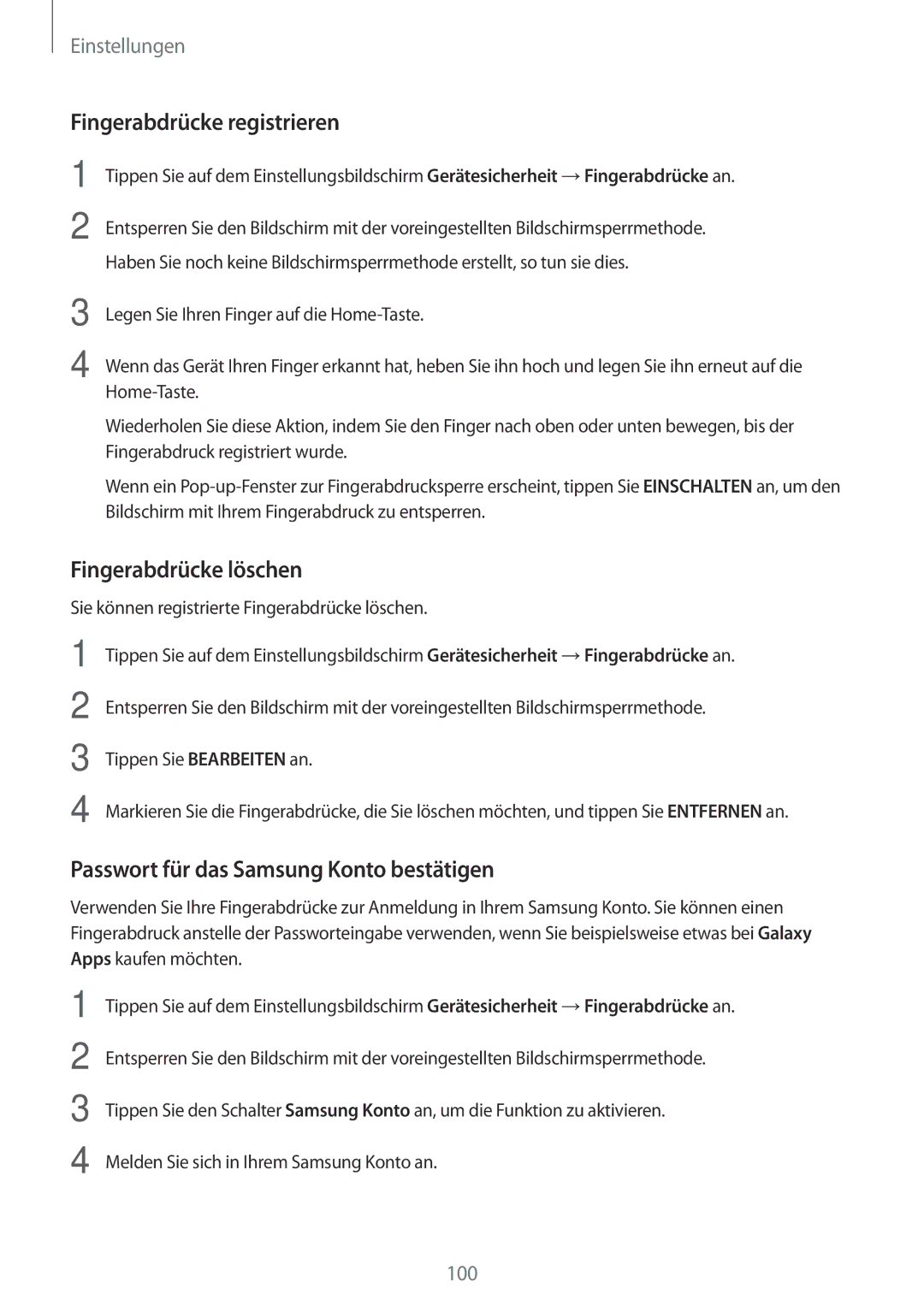 Samsung SM-T810NZWEDBT Fingerabdrücke registrieren, Fingerabdrücke löschen, Passwort für das Samsung Konto bestätigen 