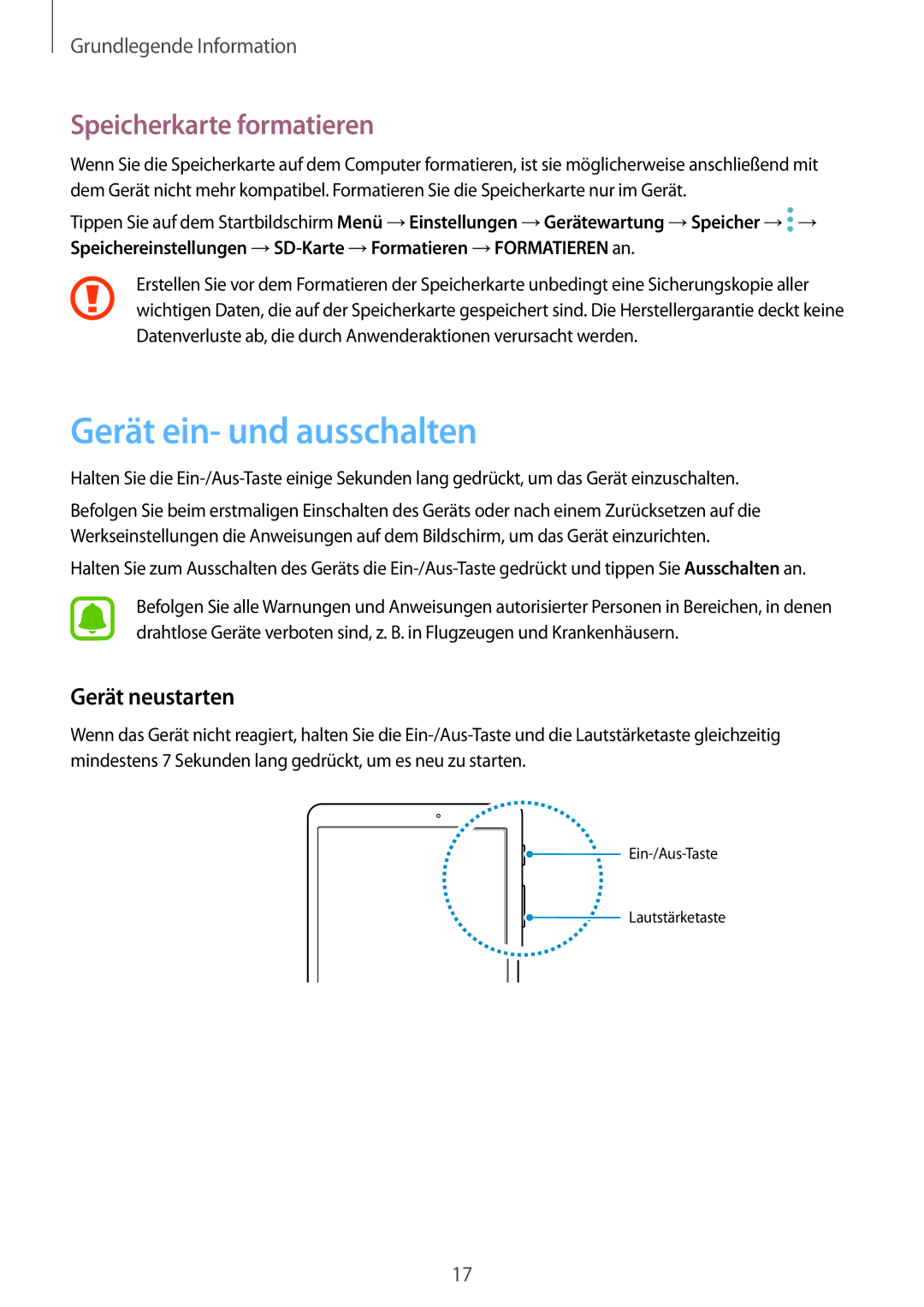 Samsung SM-T810NZDEDBT, SM-T810NZKEDBT manual Gerät ein- und ausschalten, Speicherkarte formatieren, Gerät neustarten 