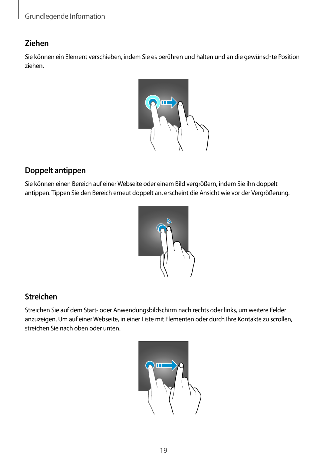 Samsung SM-T810NZWEDBT, SM-T810NZKEDBT, SM-T810NZDEDBT manual Ziehen, Doppelt antippen, Streichen 
