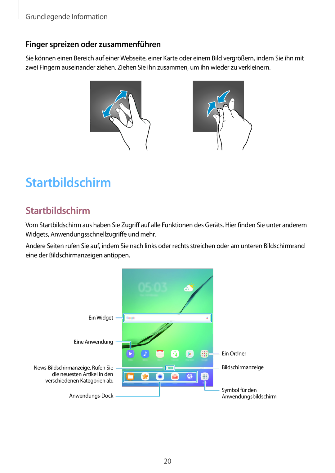 Samsung SM-T810NZDEDBT, SM-T810NZKEDBT, SM-T810NZWEDBT manual Startbildschirm, Finger spreizen oder zusammenführen 