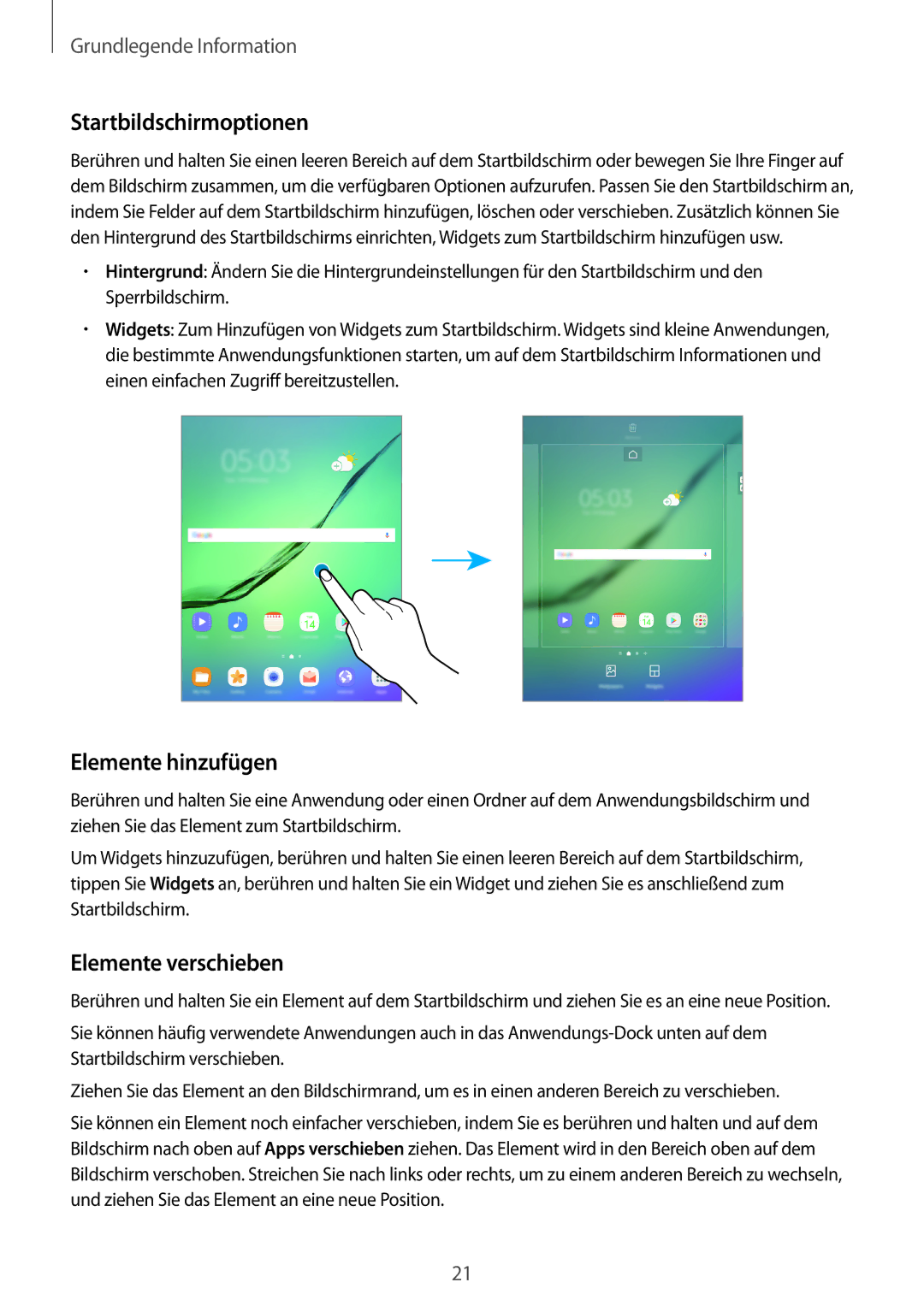 Samsung SM-T810NZKEDBT, SM-T810NZWEDBT, SM-T810NZDEDBT Startbildschirmoptionen, Elemente hinzufügen, Elemente verschieben 