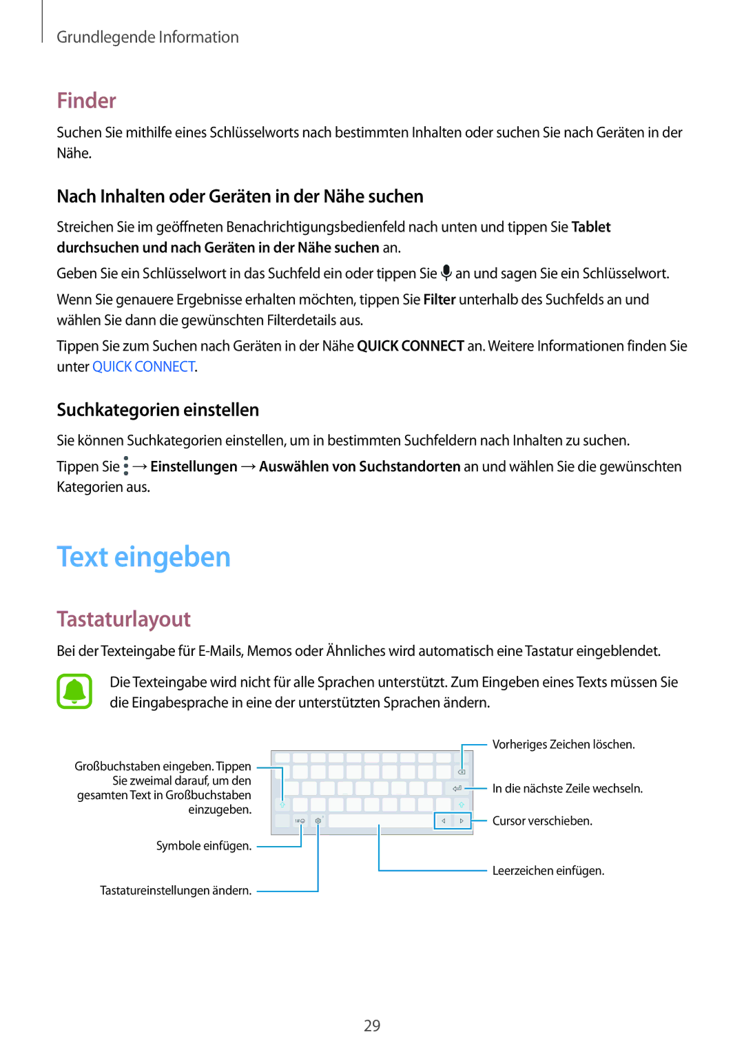 Samsung SM-T810NZDEDBT manual Text eingeben, Finder, Tastaturlayout, Nach Inhalten oder Geräten in der Nähe suchen 