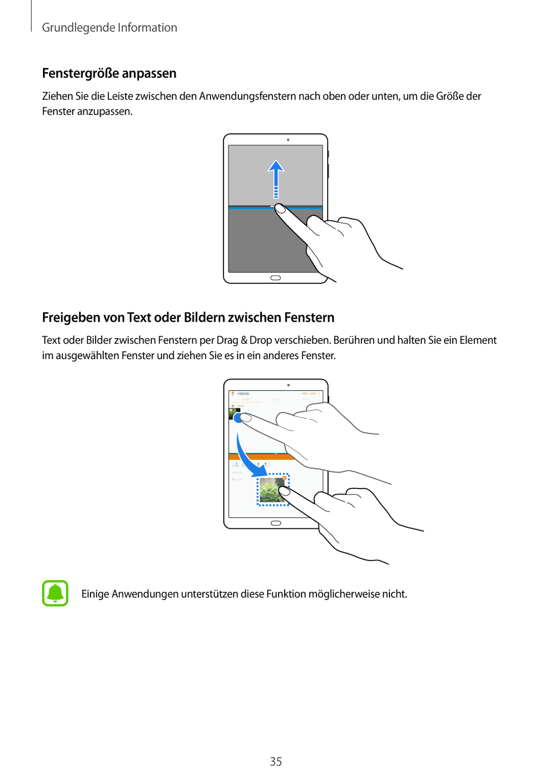 Samsung SM-T810NZDEDBT, SM-T810NZKEDBT manual Fenstergröße anpassen, Freigeben von Text oder Bildern zwischen Fenstern 