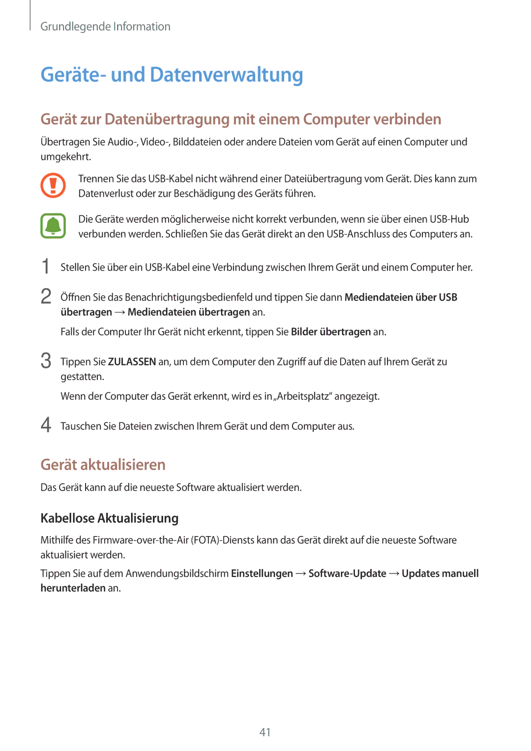 Samsung SM-T810NZDEDBT manual Geräte- und Datenverwaltung, Gerät zur Datenübertragung mit einem Computer verbinden 