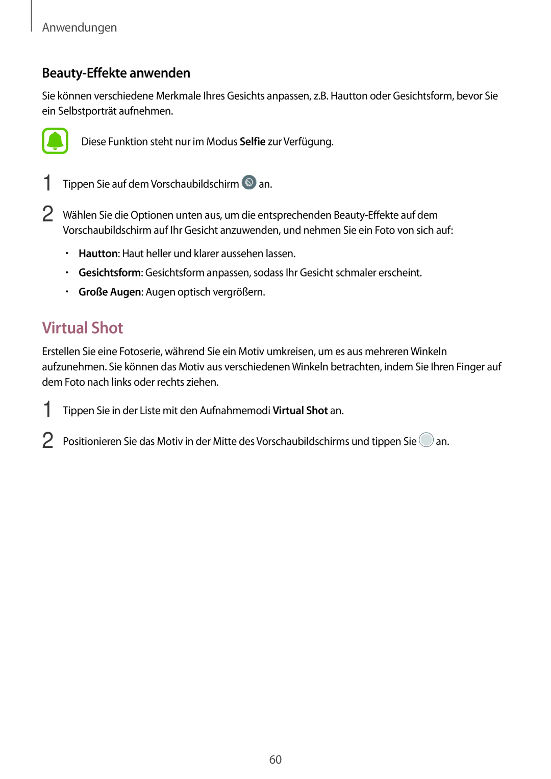 Samsung SM-T810NZKEDBT, SM-T810NZWEDBT, SM-T810NZDEDBT manual Virtual Shot, Beauty-Effekte anwenden 