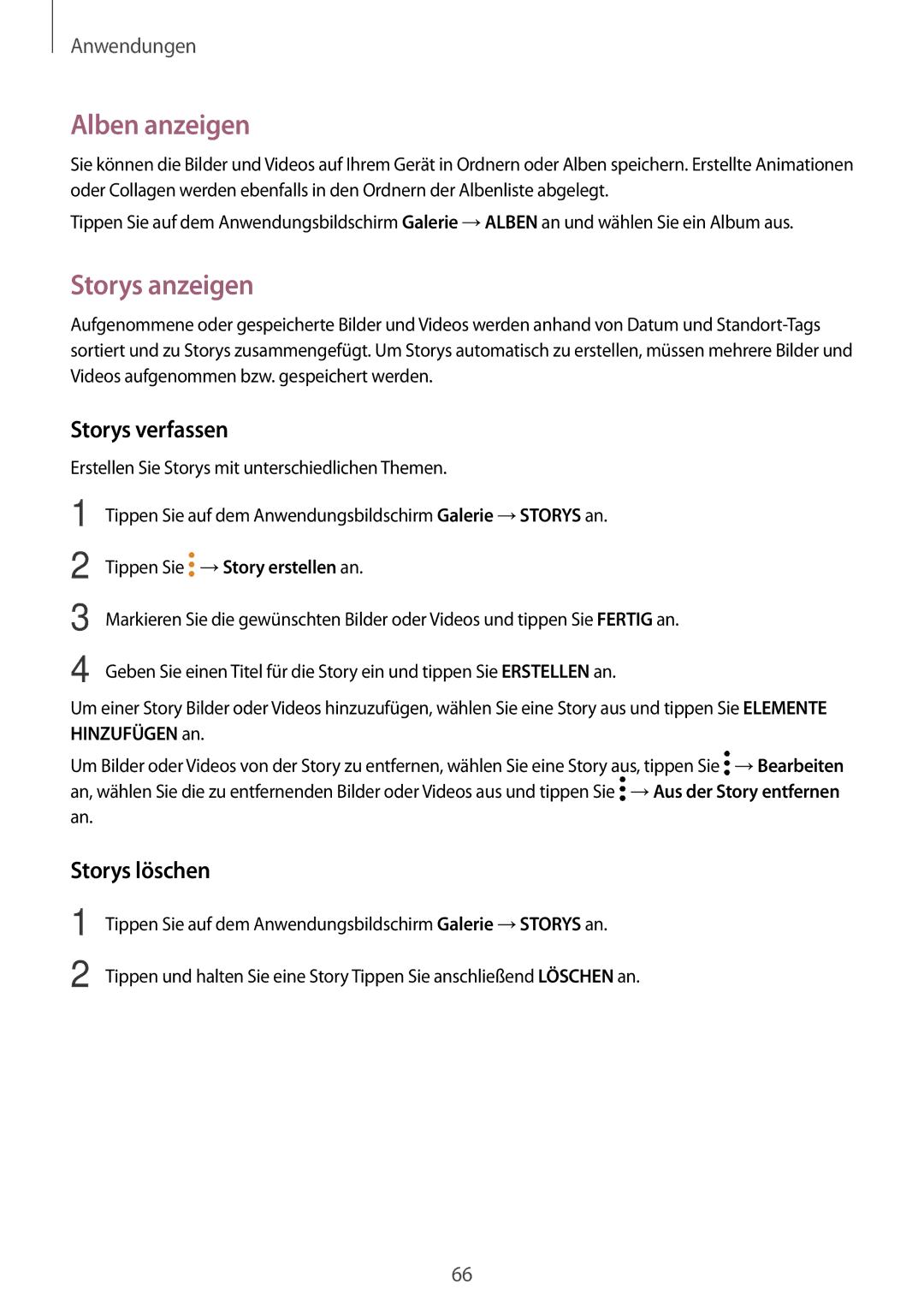 Samsung SM-T810NZKEDBT Alben anzeigen, Storys anzeigen, Storys verfassen, Storys löschen, Tippen Sie →Story erstellen an 