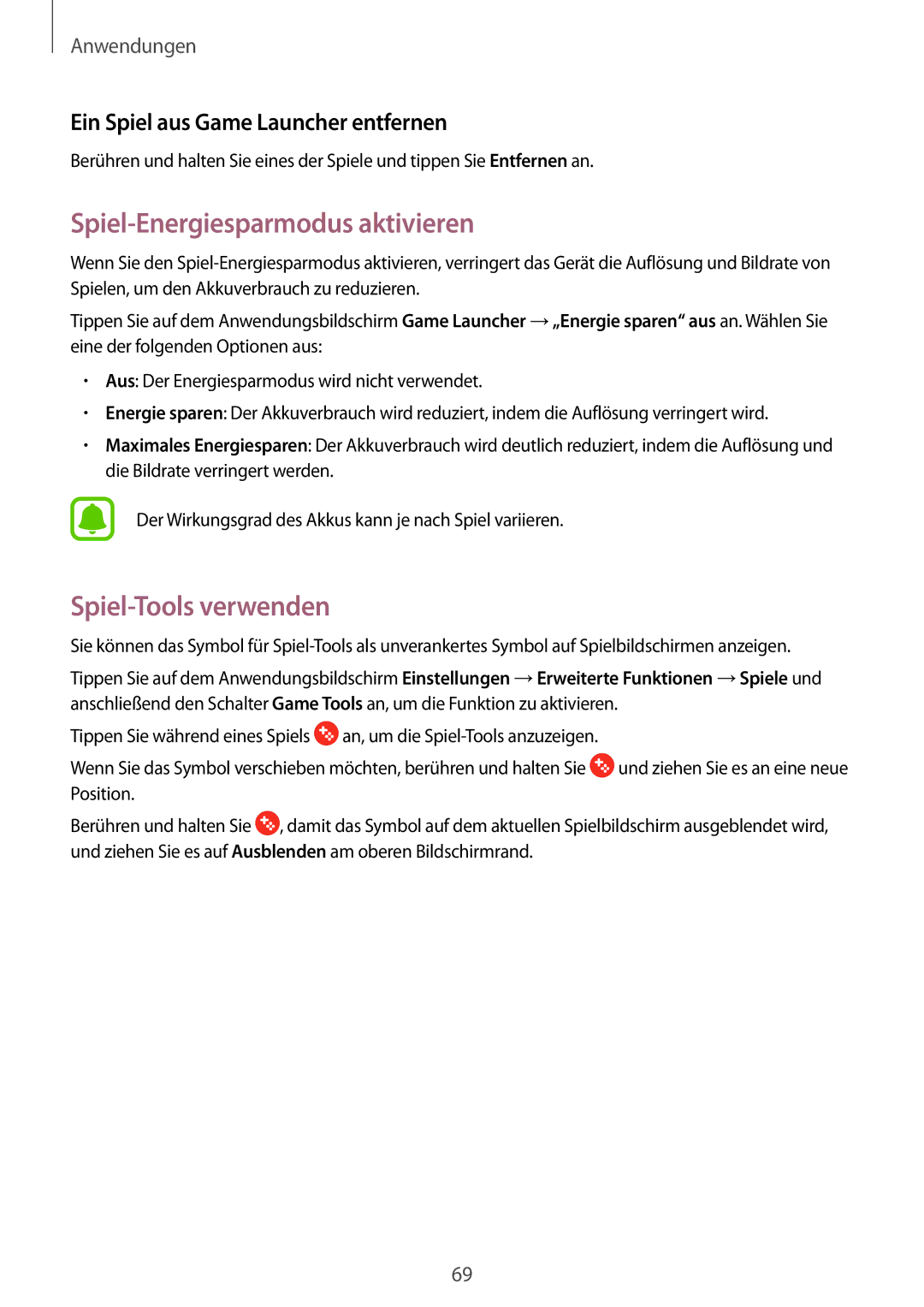 Samsung SM-T810NZKEDBT Spiel-Energiesparmodus aktivieren, Spiel-Tools verwenden, Ein Spiel aus Game Launcher entfernen 