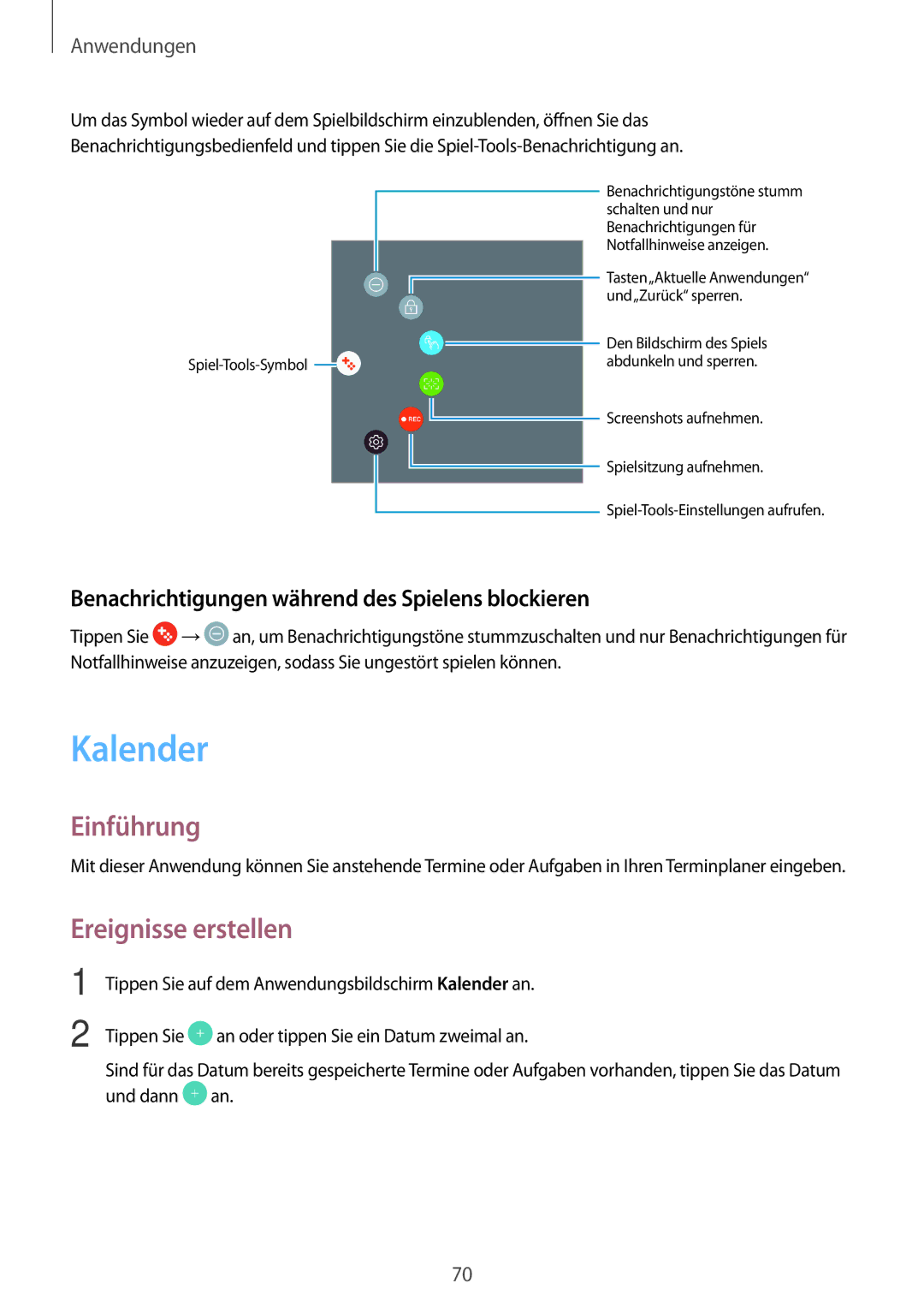 Samsung SM-T810NZWEDBT, SM-T810NZKEDBT Kalender, Ereignisse erstellen, Benachrichtigungen während des Spielens blockieren 