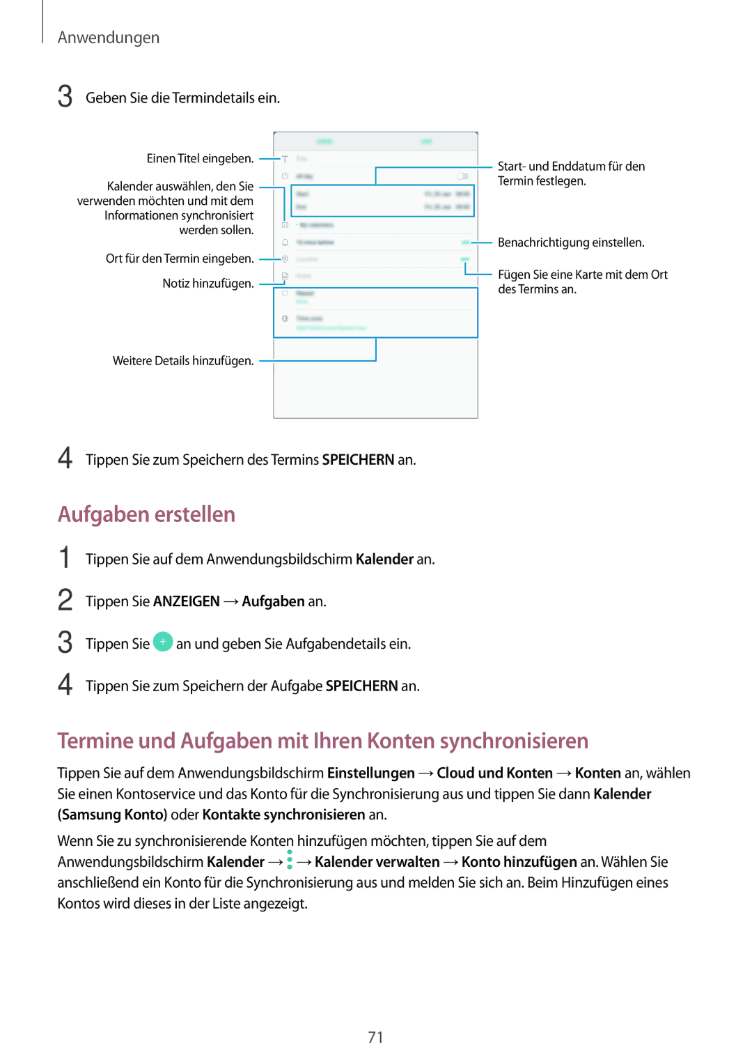 Samsung SM-T810NZDEDBT, SM-T810NZKEDBT manual Aufgaben erstellen, Termine und Aufgaben mit Ihren Konten synchronisieren 