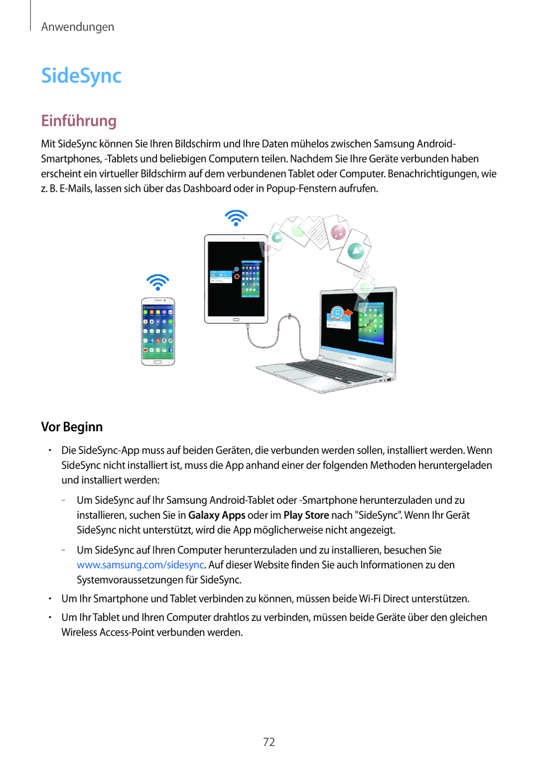 Samsung SM-T810NZKEDBT, SM-T810NZWEDBT, SM-T810NZDEDBT manual SideSync, Vor Beginn 