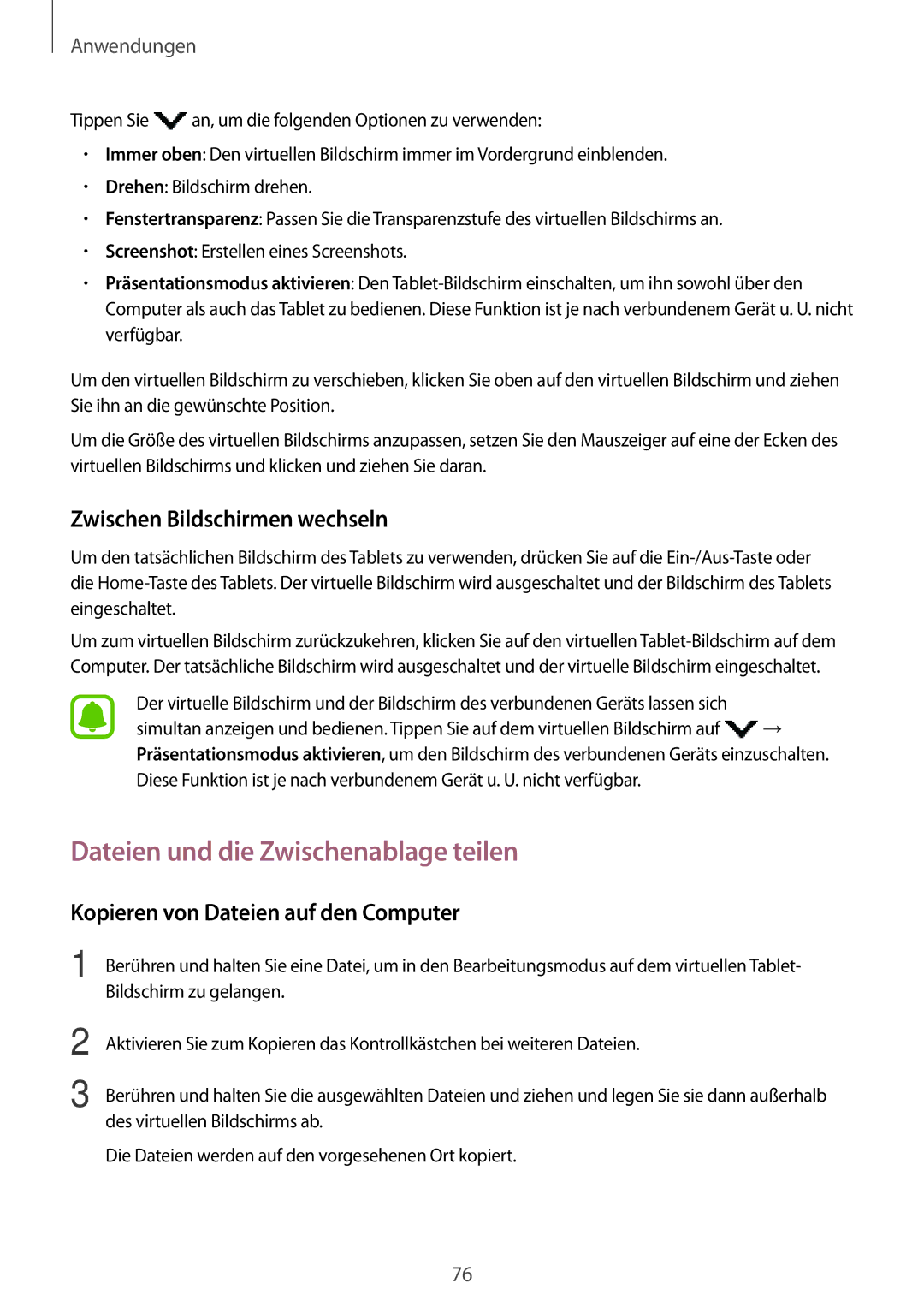 Samsung SM-T810NZWEDBT, SM-T810NZKEDBT manual Dateien und die Zwischenablage teilen, Zwischen Bildschirmen wechseln 