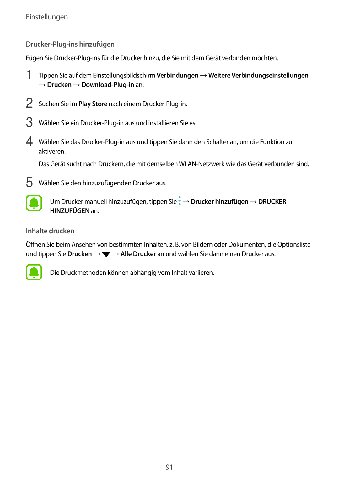 Samsung SM-T810NZWEDBT, SM-T810NZKEDBT, SM-T810NZDEDBT manual Drucker-Plug-ins hinzufügen, → Drucken →Download-Plug-in an 