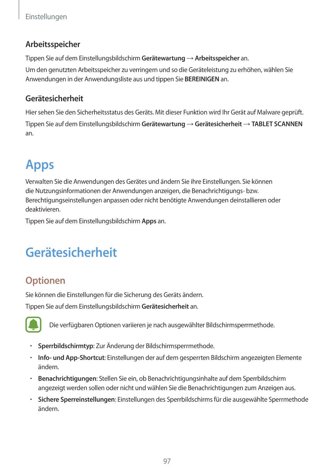 Samsung SM-T810NZWEDBT, SM-T810NZKEDBT, SM-T810NZDEDBT manual Apps, Gerätesicherheit, Arbeitsspeicher 