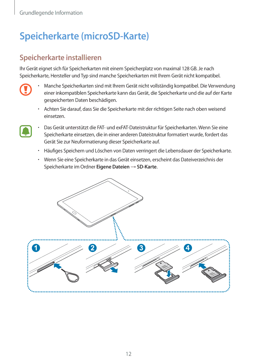 Samsung SM-T810NZKEDBT, SM-T810NZWEDBT, SM-T810NZDEDBT manual Speicherkarte microSD-Karte, Speicherkarte installieren 