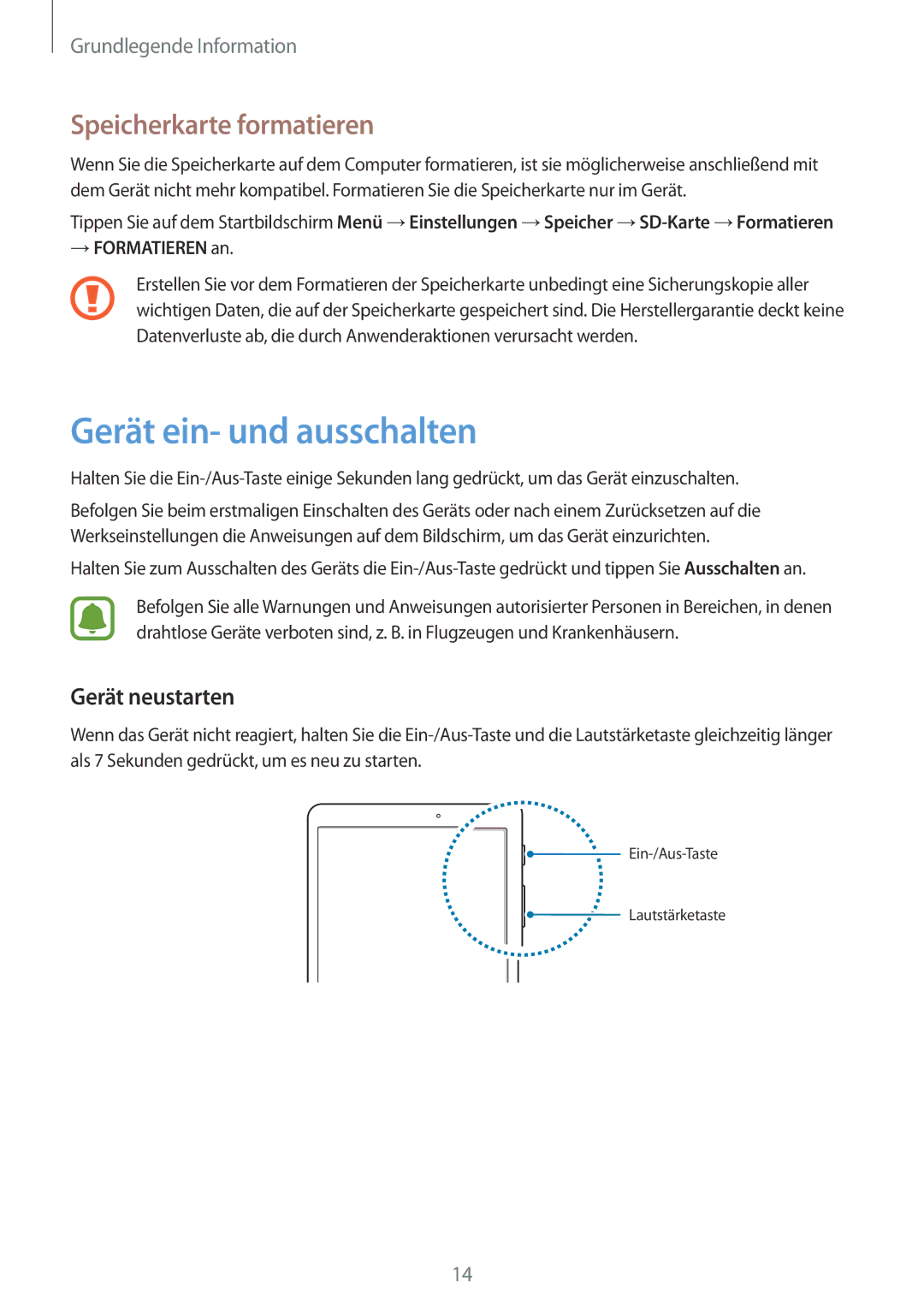 Samsung SM-T810NZDEDBT, SM-T810NZKEDBT manual Gerät ein- und ausschalten, Speicherkarte formatieren, Gerät neustarten 