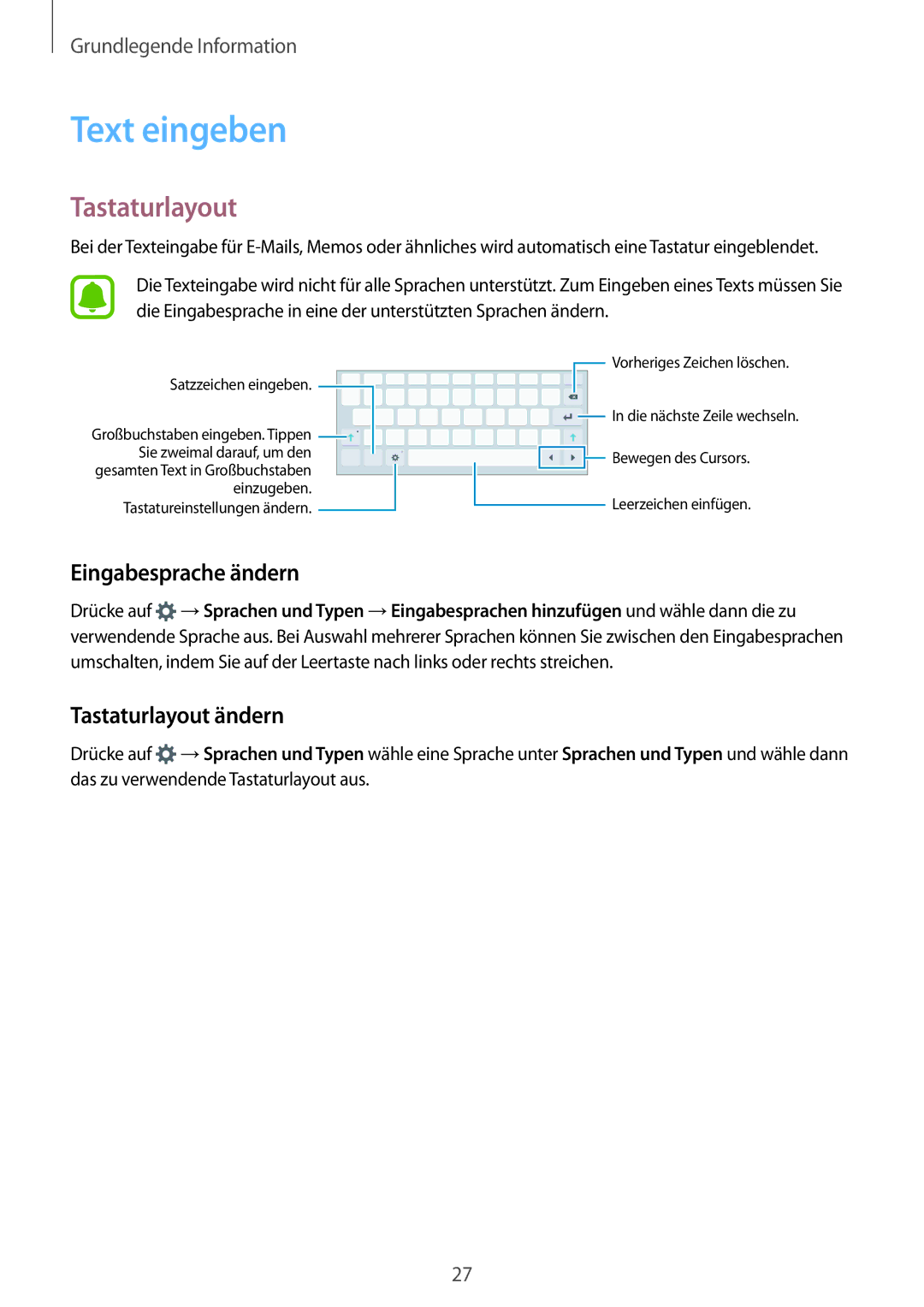 Samsung SM-T810NZKEDBT, SM-T810NZWEDBT, SM-T810NZDEDBT manual Text eingeben, Eingabesprache ändern, Tastaturlayout ändern 