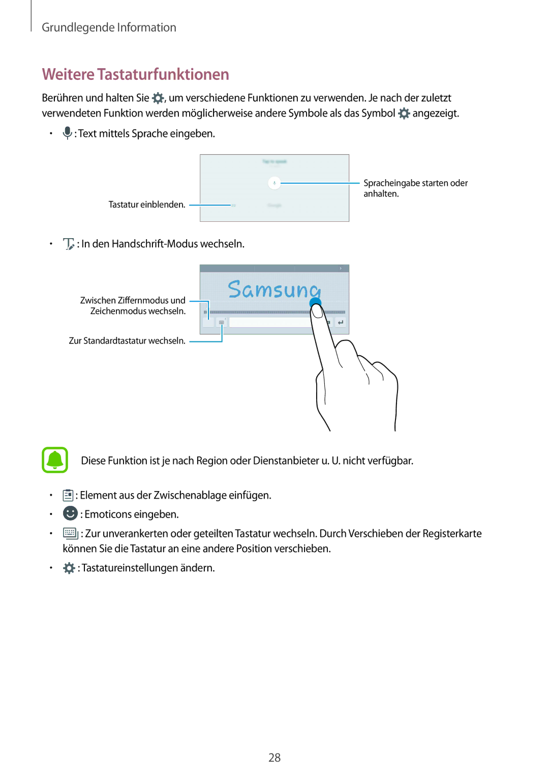 Samsung SM-T810NZWEDBT, SM-T810NZKEDBT, SM-T810NZDEDBT manual Weitere Tastaturfunktionen 