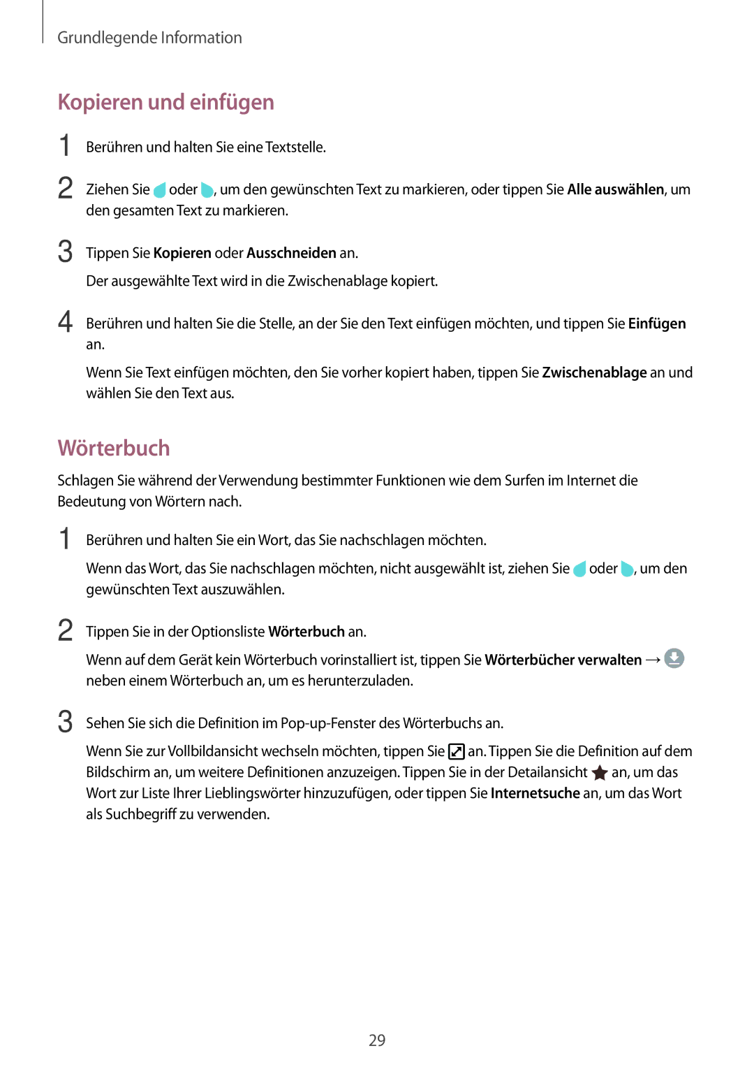 Samsung SM-T810NZDEDBT, SM-T810NZKEDBT, SM-T810NZWEDBT manual Kopieren und einfügen, Wörterbuch 