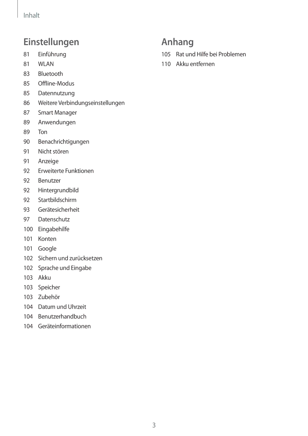 Samsung SM-T810NZKEDBT, SM-T810NZWEDBT, SM-T810NZDEDBT manual EinstellungenAnhang 