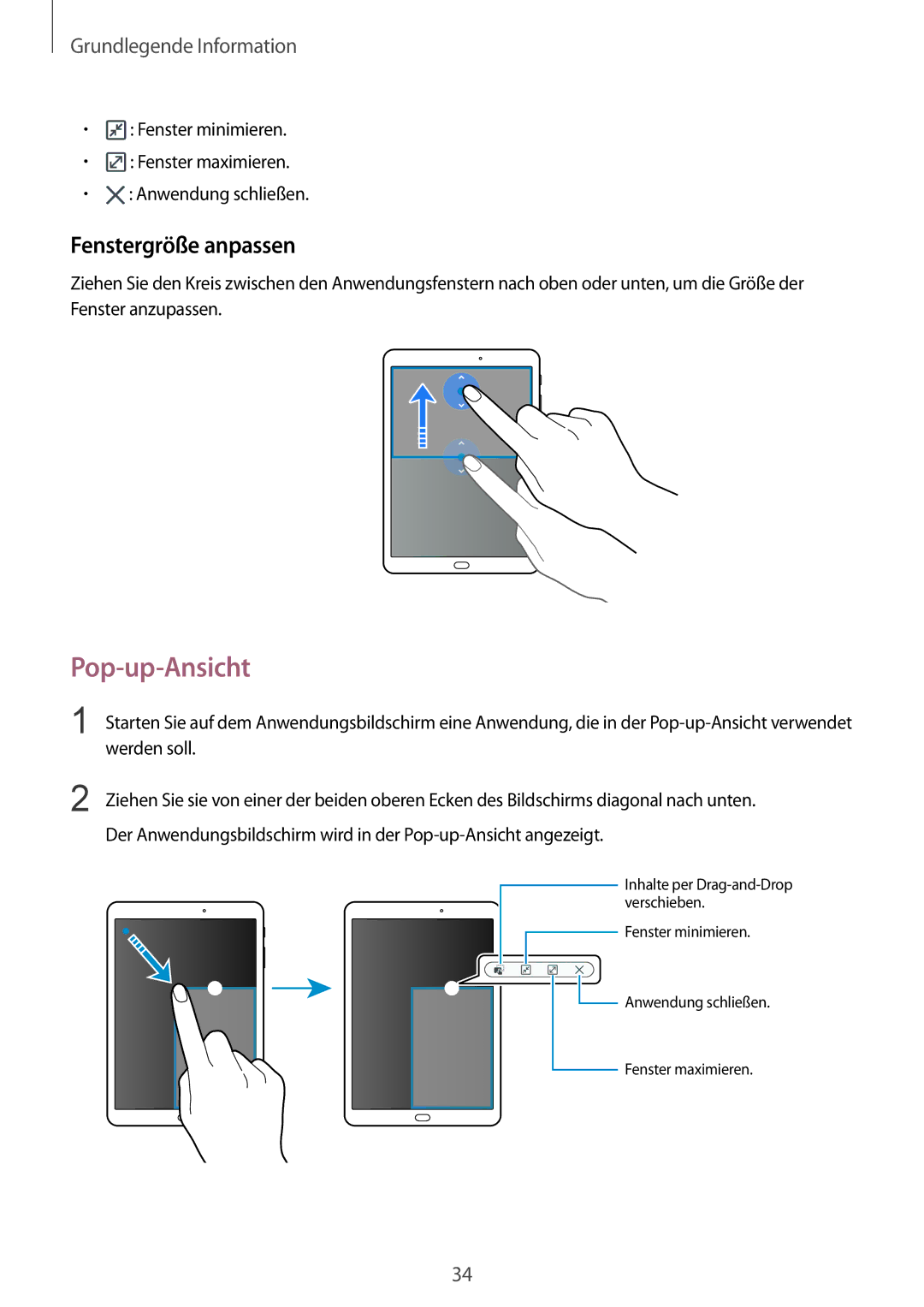 Samsung SM-T810NZWEDBT, SM-T810NZKEDBT, SM-T810NZDEDBT manual Pop-up-Ansicht, Fenstergröße anpassen 