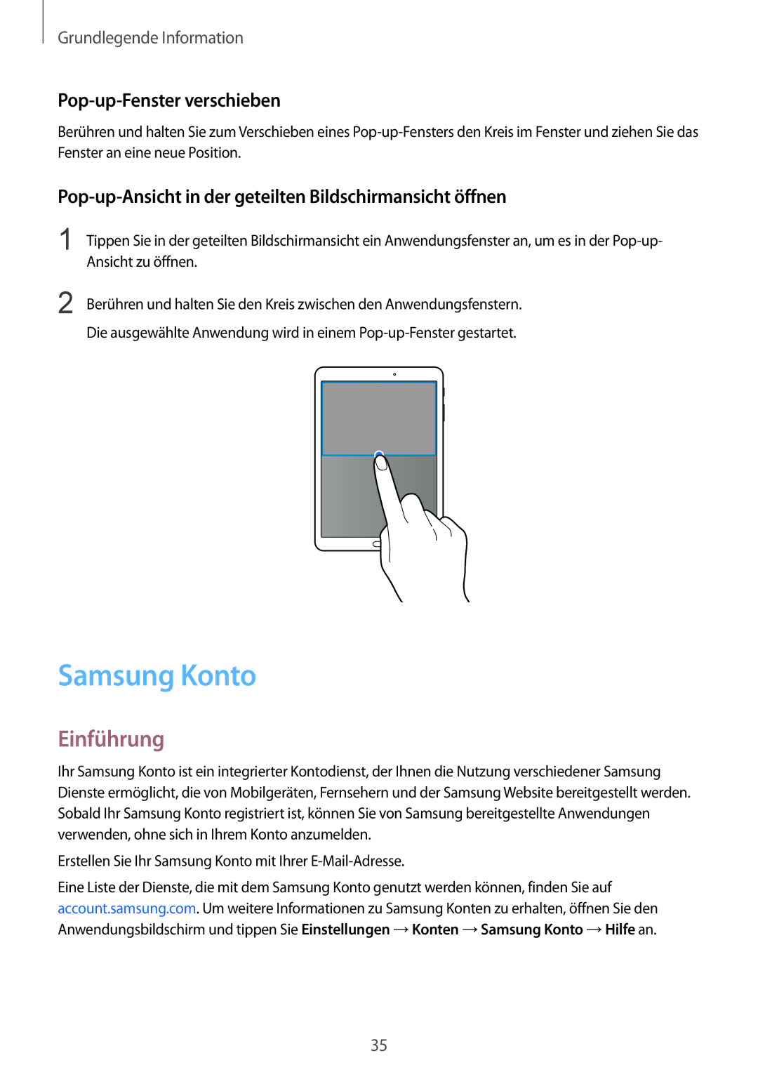 Samsung SM-T810NZDEDBT Samsung Konto, Pop-up-Fenster verschieben, Pop-up-Ansicht in der geteilten Bildschirmansicht öffnen 