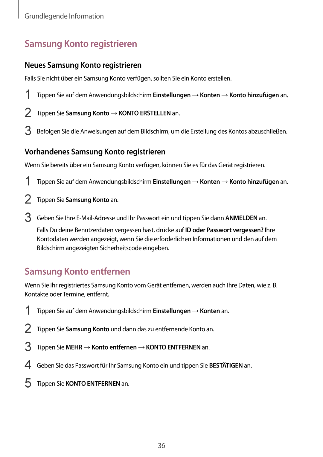 Samsung SM-T810NZKEDBT, SM-T810NZWEDBT, SM-T810NZDEDBT manual Samsung Konto entfernen, Neues Samsung Konto registrieren 