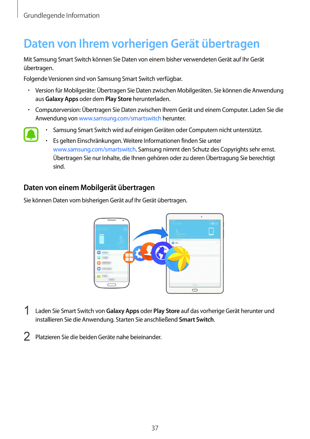 Samsung SM-T810NZWEDBT, SM-T810NZKEDBT Daten von Ihrem vorherigen Gerät übertragen, Daten von einem Mobilgerät übertragen 